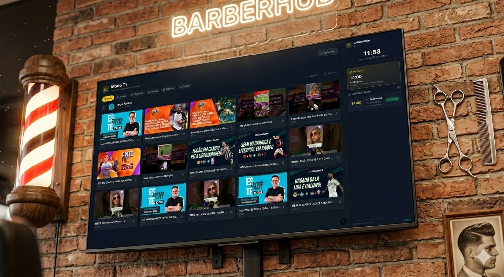 Modo TV do BarberHub — agenda exibida na televisão da barbearia